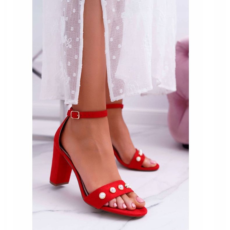S.Barski Sandálias femininas no salto com pérolas Renes vermelho 1