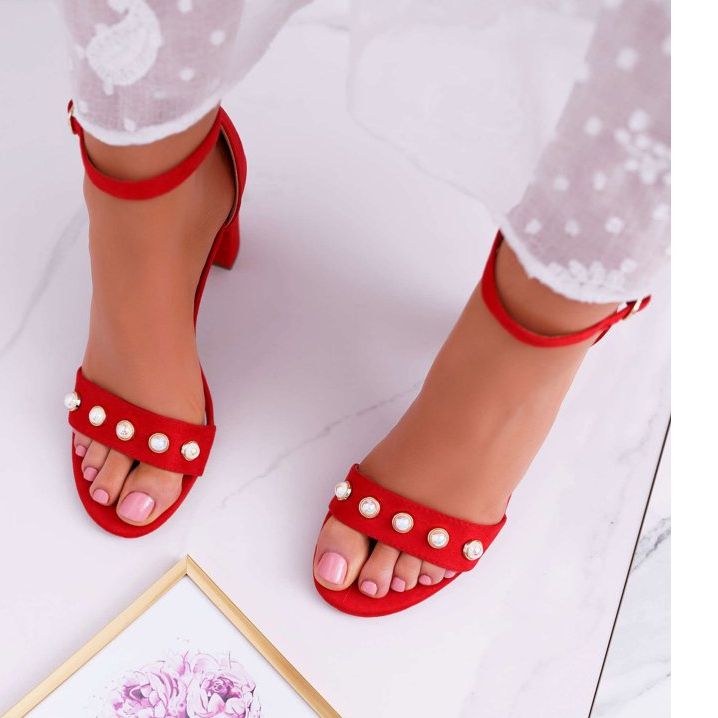 S.Barski Sandálias femininas no salto com pérolas Renes vermelho 2