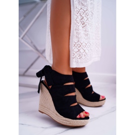 FRJ Sandálias femininas em linho com cordão preto Cantare 1