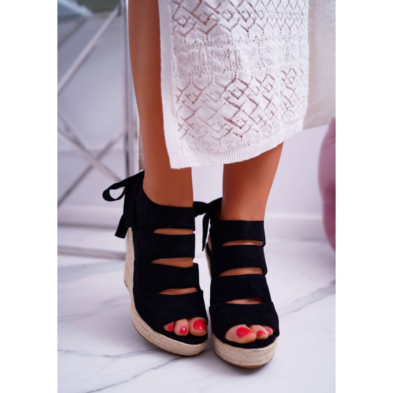 FRJ Sandálias femininas em linho com cordão preto Cantare 2