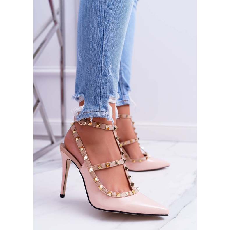 Vices Vícios femininos de salto alto, pó lacado com tachas Valenti Jets rosa 1