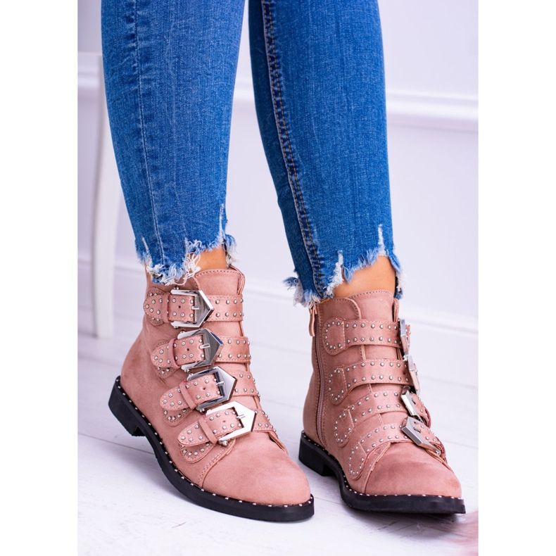 Botas Lu Boo Rosa Virginia Rock Star Rebites Fivelas Camurça 2