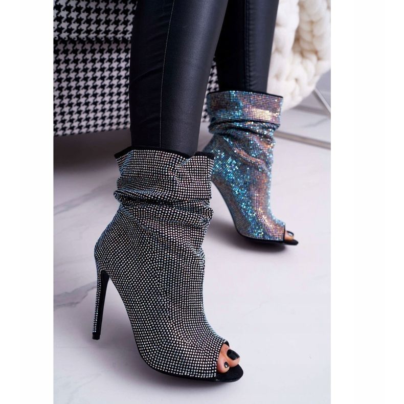 Botas femininas de salto alto Lu Boo strass bandas pretas preto 2