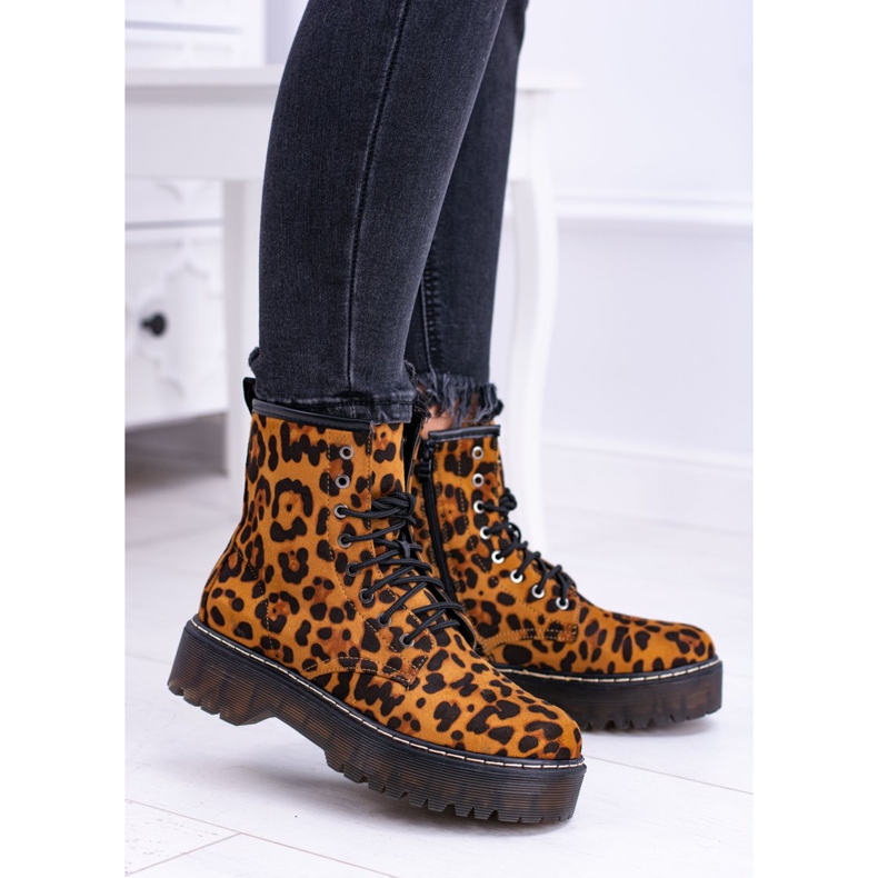 FRID Botas altas femininas com estampa de leopardo grande marrom 2