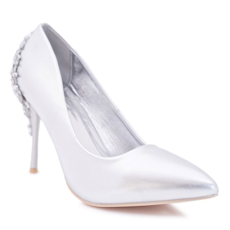 Belluci Salto alto feminino prateado com decoração larento cinza 1