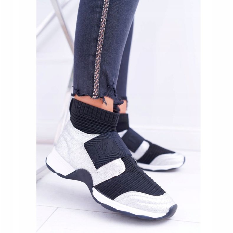 Sapatos esportivos femininos Lu Boo com meia prata glitter fantasma preto cinza multicolorido 1