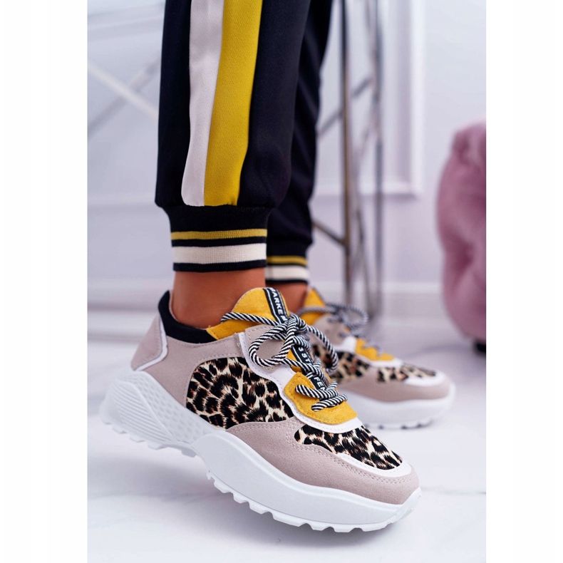 NFR Sapatos esportivos femininos com solado alto leopardo chillout bege amarelo 1