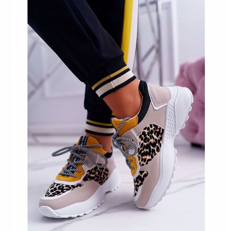 NFR Sapatos esportivos femininos com solado alto leopardo chillout bege amarelo 2
