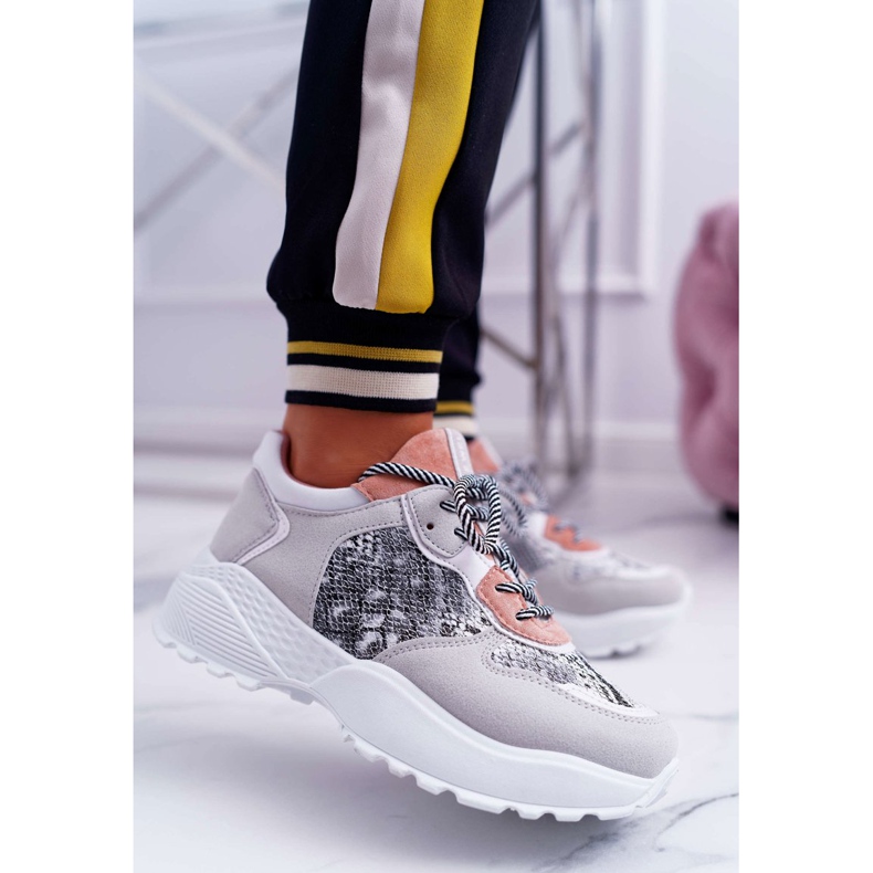 NFR Sapatos esportivos femininos com solado alto rosa pele de cobra chillout cinza 1