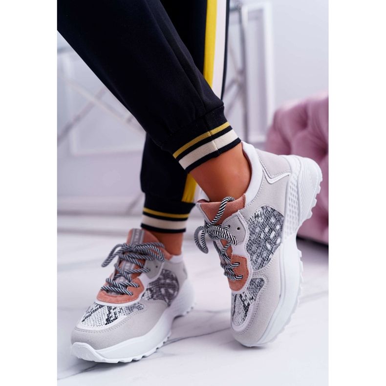 NFR Sapatos esportivos femininos com solado alto rosa pele de cobra chillout cinza 2