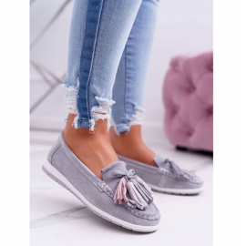 EVE Mocassins femininos, couro camurça com franjas, batist cinza 1