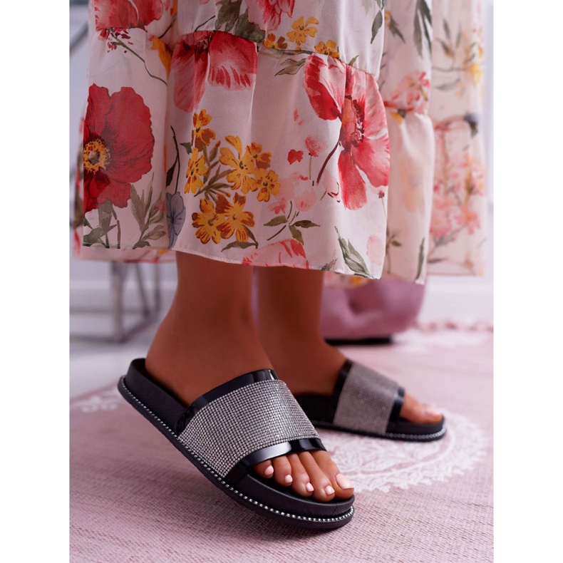 FRBS Chinelos femininos, perfilados com zircônias cúbicas, Black Rentre preto 1