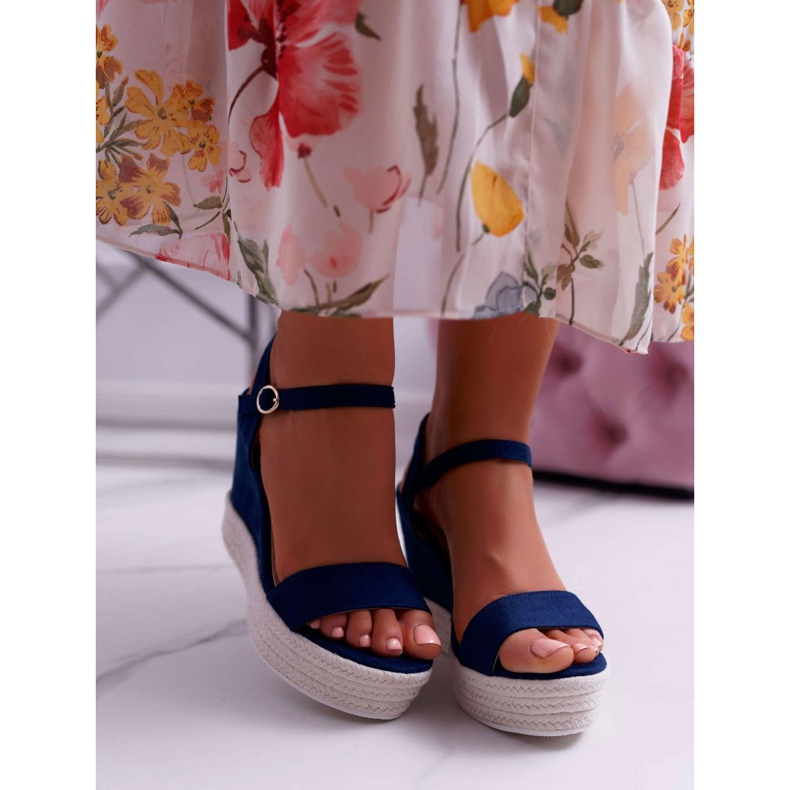 BUGO Sandálias femininas em linho cunha azul marinho Liviana 2