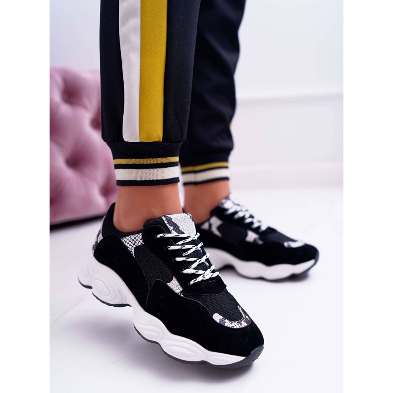 NFR Sapatilhas esportivas femininas de camurça preta de pele de cobra pirulito preto cinza 2