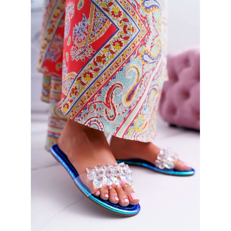 Chinelos femininos com zircônia cúbica Lu Boo Petrol Blue Mediana azul 2