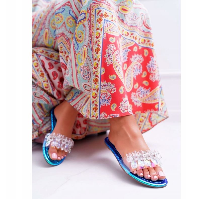 Chinelos femininos com zircônia cúbica Lu Boo Petrol Blue Mediana azul 1