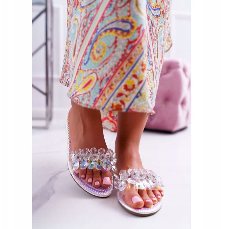 Chinelos femininos com zircônia cúbica Lu Boo gasolina prata mediana cinza 2