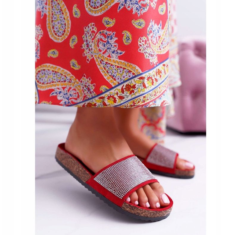 PS1 Chinelos femininos em cortiça com cristais vermelho 1