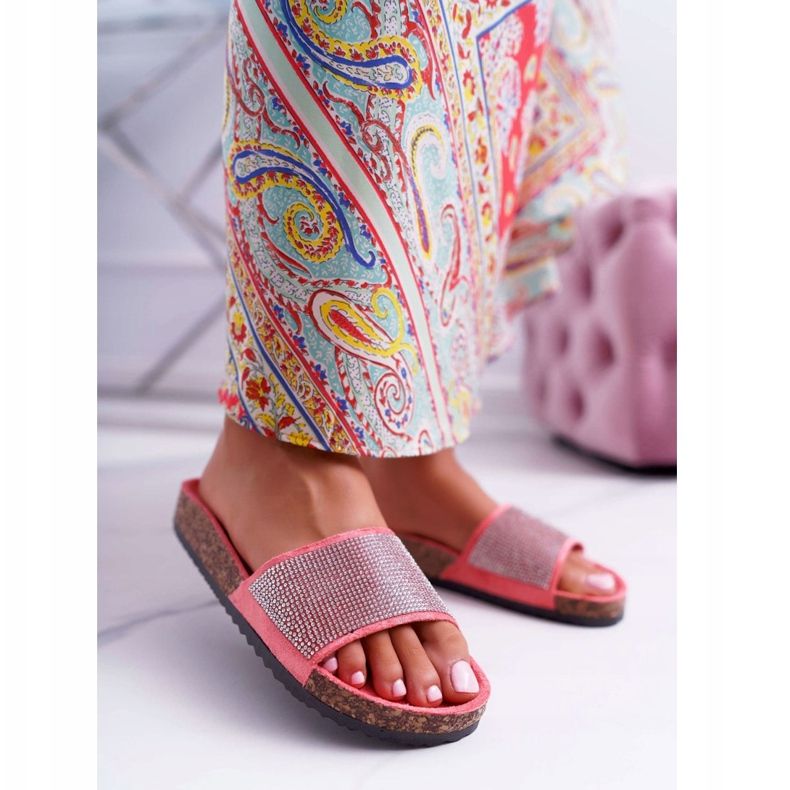 PS1 Chinelos femininos em cortiça com cristais de coral rosa 1