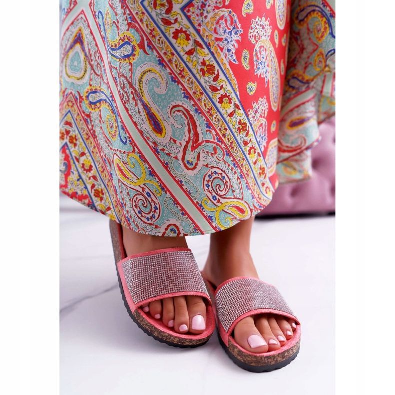 PS1 Chinelos femininos em cortiça com cristais de coral rosa 2