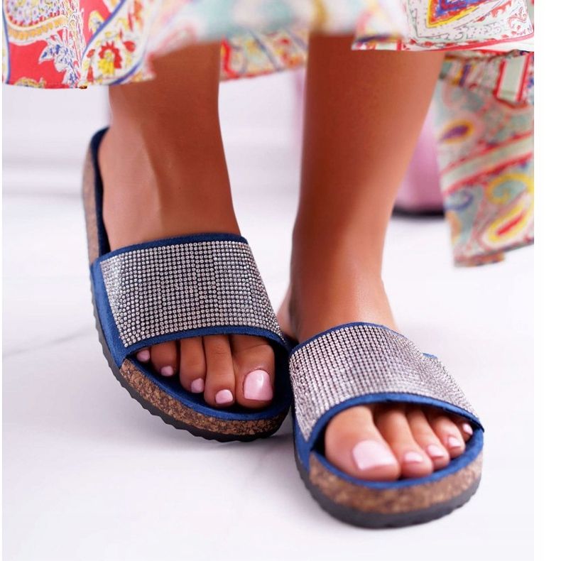 PS1 Chinelos femininos em cortiça com cristais azul marinho azul-marinho 2