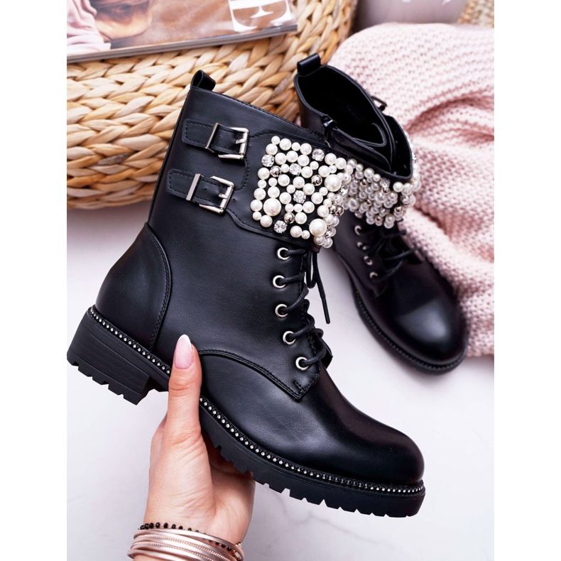 SEA Botas femininas de salto plano militar preto Bemmer 2
