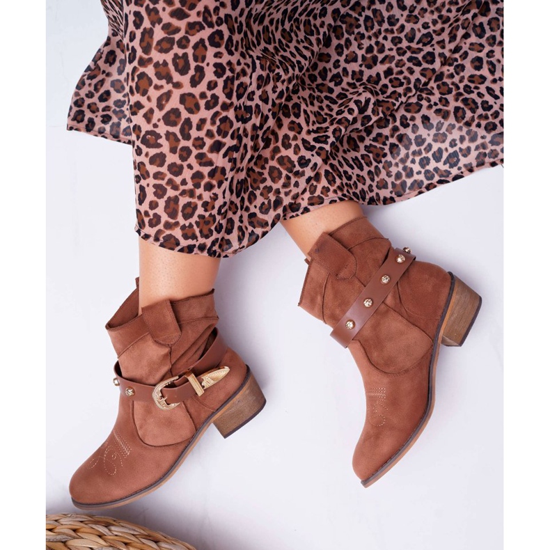 FRBS Botas femininas de salto baixo Botas de cowboy com fivela Camel Ewella marrom 2