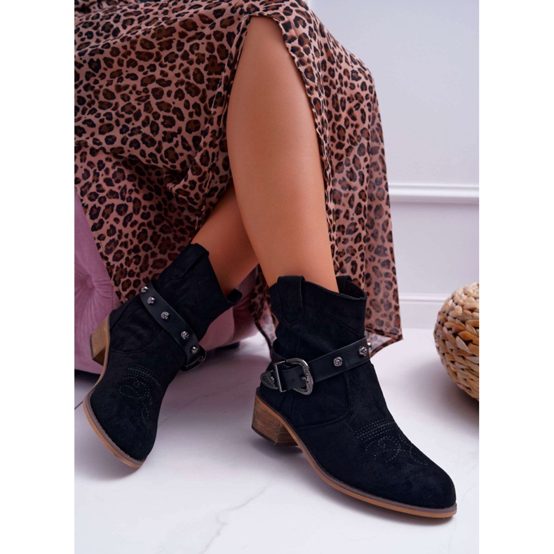 FB2 Botas femininas com salto plano Botas de cowboy com fivela preta Ewella preto 2 FB2 Botas femininas com salto plano Botas de cowboy com fivela preta Ewella preto 2