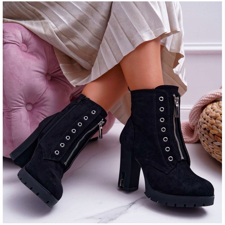 FRERY Botas de salto femininas com zíper decorativo camurça preta Imagine preto 1