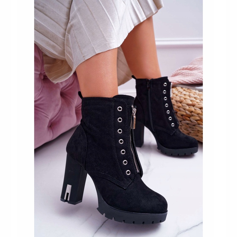 FRERY Botas de salto femininas com zíper decorativo camurça preta Imagine preto 2