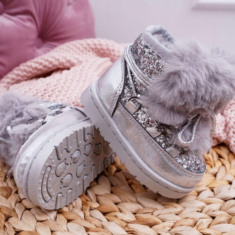 FRROCK Botas de neve infantis com pele prateada Minnie Mouse cinza 1