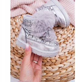 FRROCK Botas de neve infantis com pele prateada Minnie Mouse cinza 2