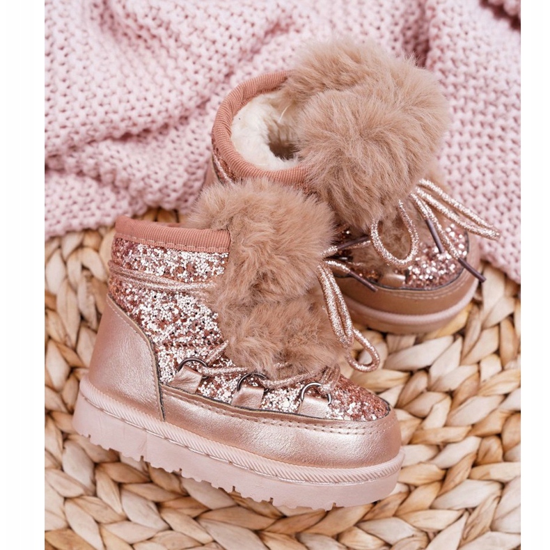 FRROCK Botas de neve infantis com pele de champanhe Minnie Mouse rosa 1