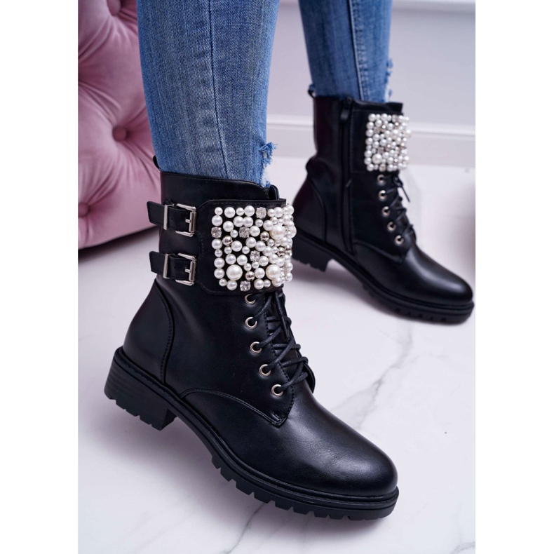 FRID Botas femininas de salto plano militar preto Bemmer 2