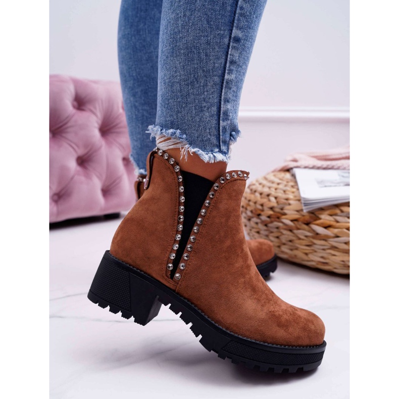 FRBS Botas femininas Chelsea com maricas camelo zircônia cúbica castanho 2