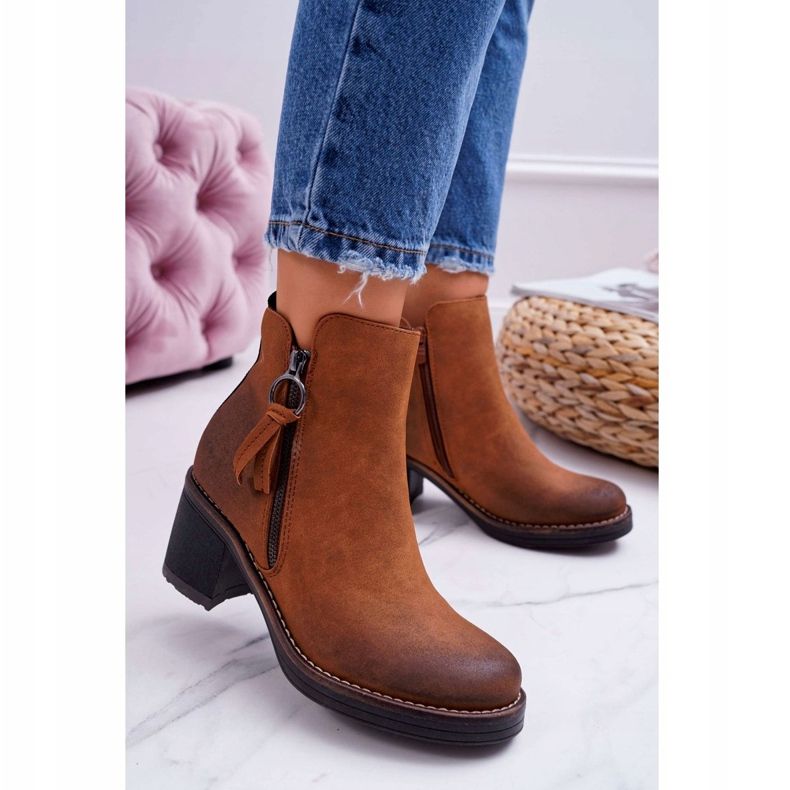 FRJEIN Botas de salto femininas aquecidas com feltro Camel Delia castanho 1