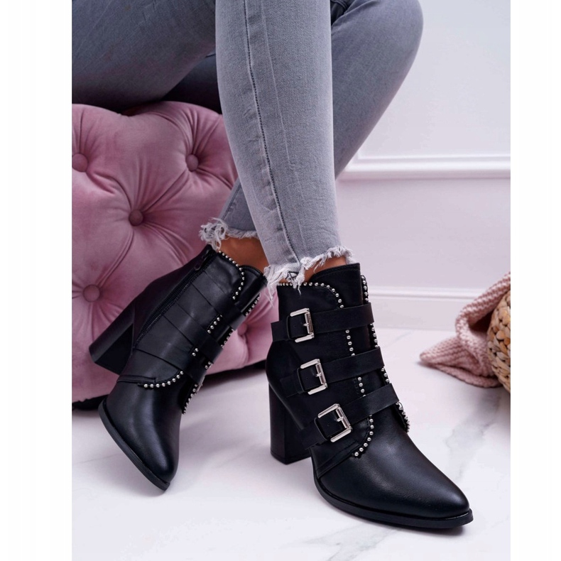 FJ1 Botas femininas de salto alto com fivelas nas finas pretas preto 2