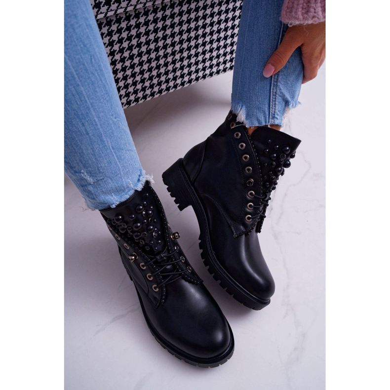 FRID Botas femininas com pérolas Warm Black Memer preto 2