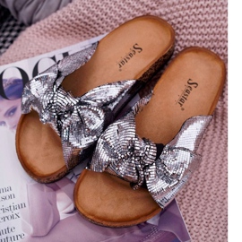 PS1 Chinelos femininos com laço metálico prateado cinza 1