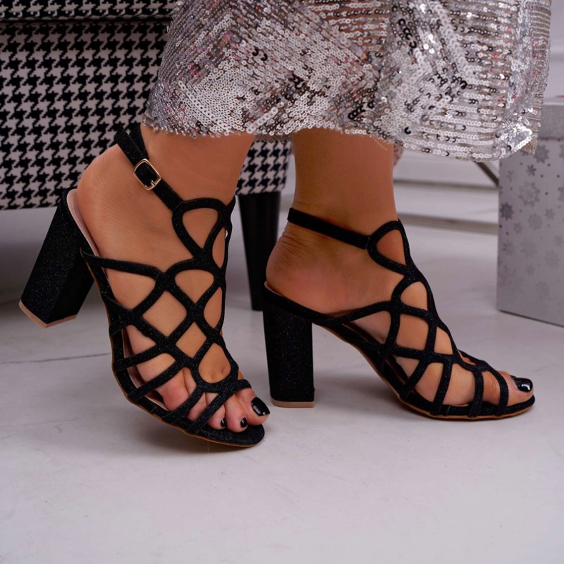 SEA Sandálias de salto feminino com glitter preto Gete 2