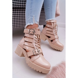 SEA Botas femininas com salto plano Primavera envernizado Bege Solteiro 1