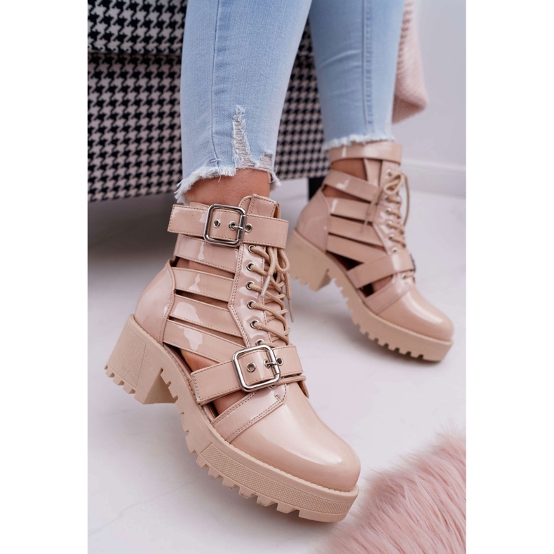SEA Botas femininas com salto plano Primavera envernizado Bege Solteiro 1