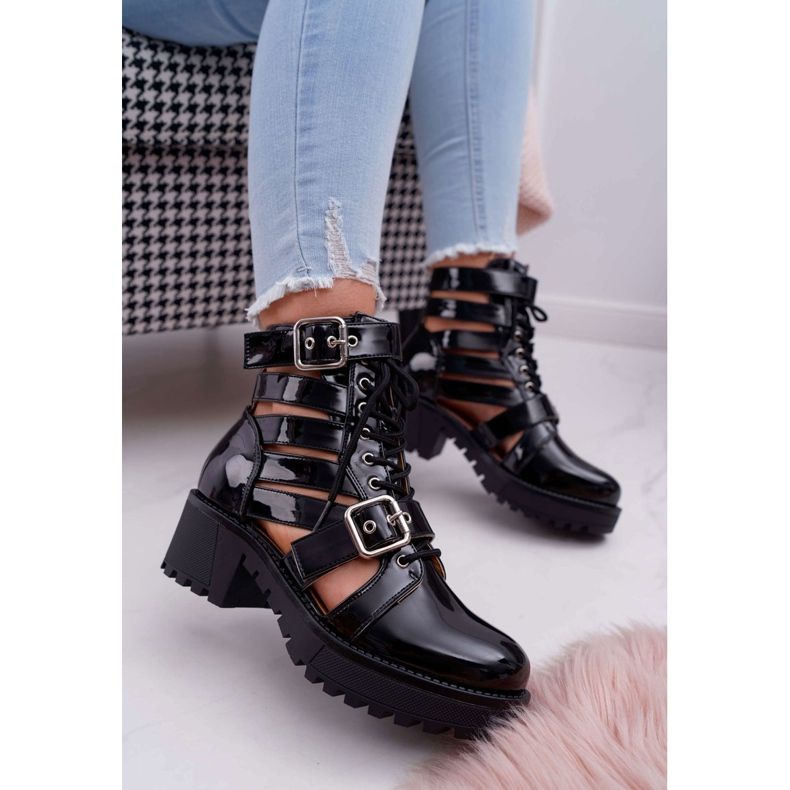 SEA Botas femininas de salto plano com mola lacada preta simples preto 1