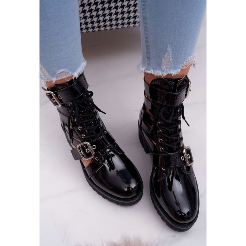 SEA Botas femininas de salto plano com mola lacada preta simples preto 2