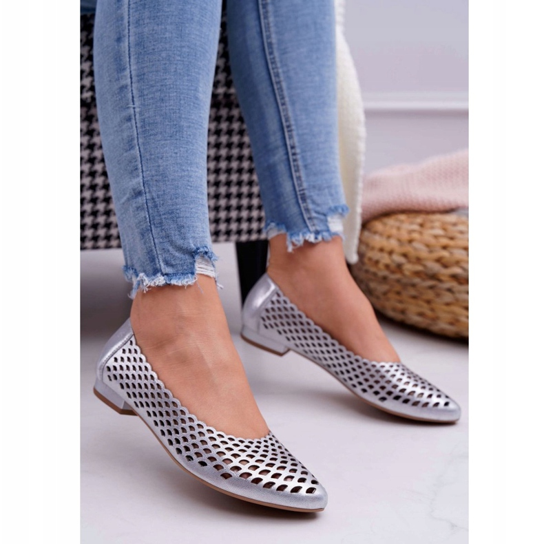 Exquisite Bailarinas femininas de couro prateado requintado 1107/1 cinza 1