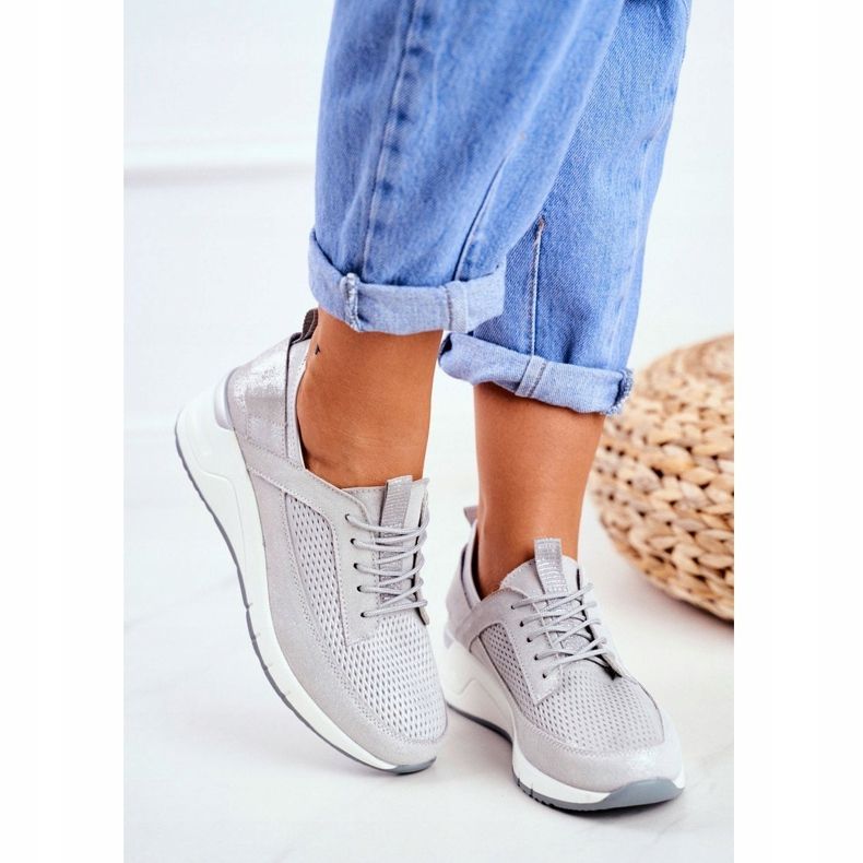 EVE Sapatos esportivos femininos de couro prata me amo cinza 1