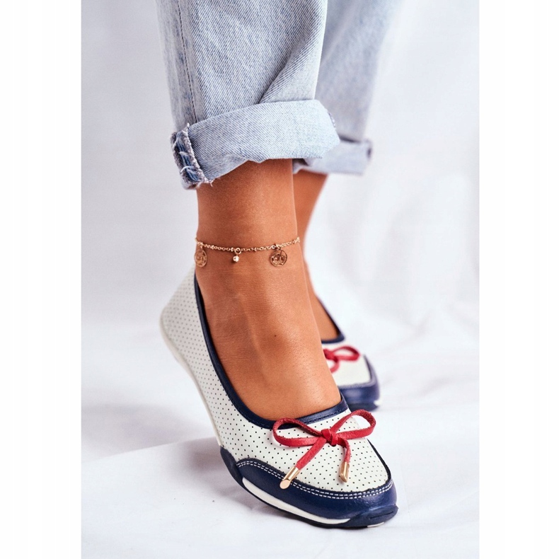 EVE Bailarinas perfuradas de couro vermelho e branco feminino Erdola azul marinho 1