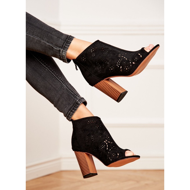 SEA Botas de salto feminino em camurça Openwork Black Papillon preto 1