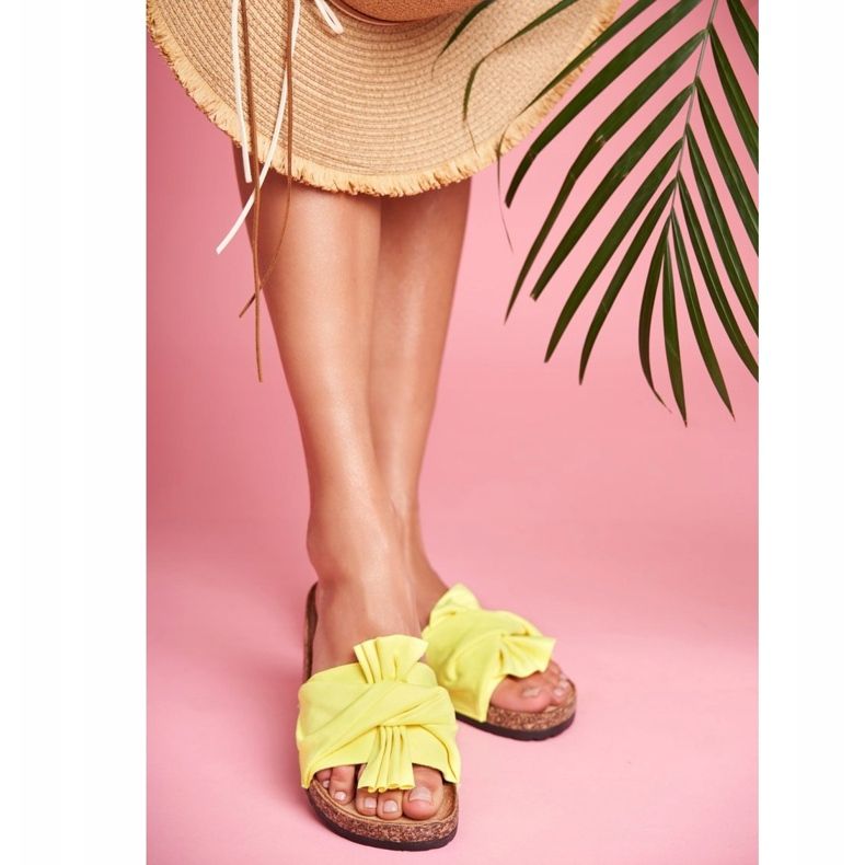 PS1 Chinelos femininos com laços de cortiça laço amarelo néon 2