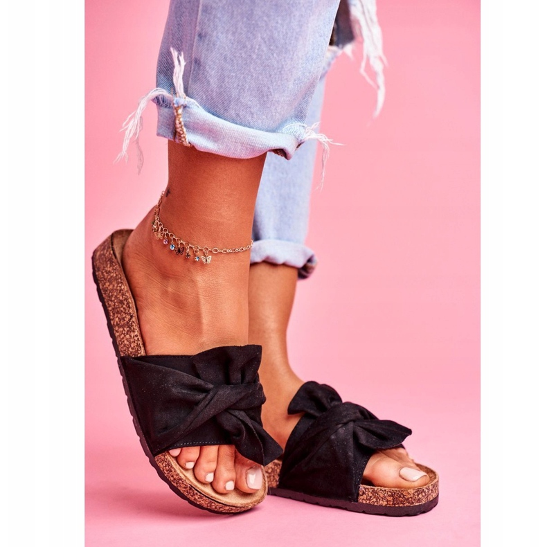 SEA Chinelos femininos com laços de cortiça em felis pretos 1